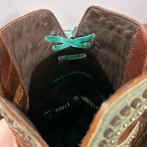 Double D Ranch Brown and Turquoise Embroidered Western Heeled Boots - Picture 4 of 8